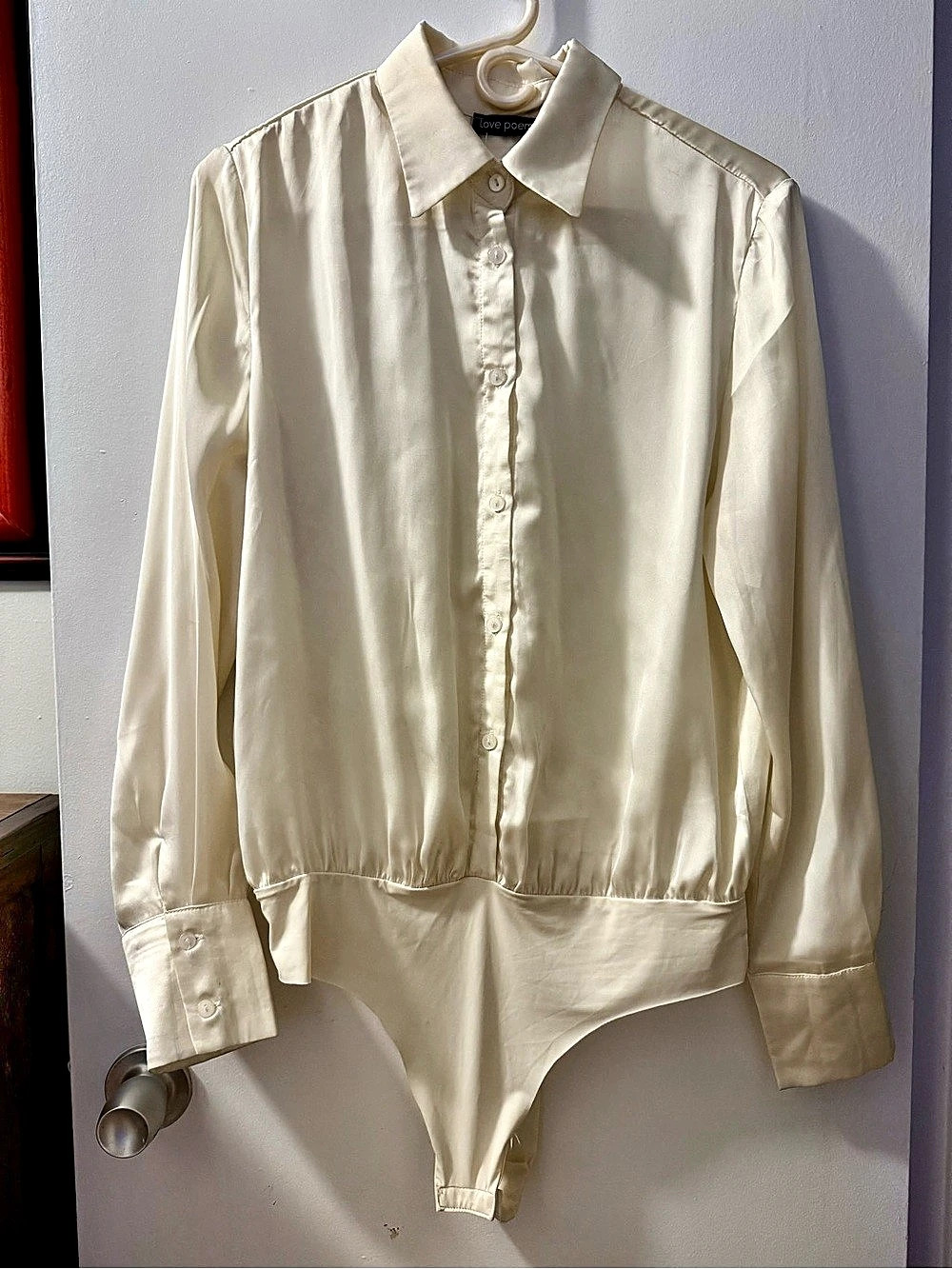 Love Poem Ivory Satin Button Down Bodysuit Blouse L